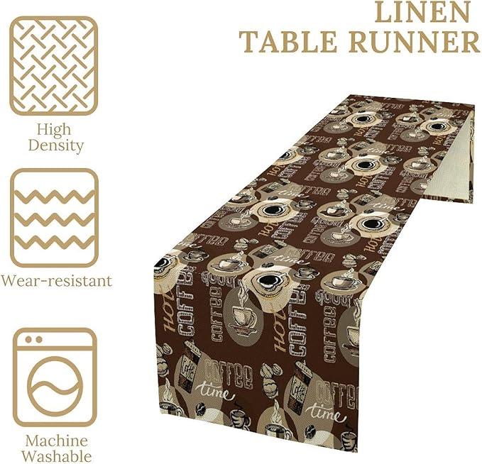 Coffee Theme Table Runner Vintage Coffee Beans Mug Cup Dinner Runner Table Decoration for Farmhouse Cabin Home Kitchen Dining Holiday Party 13x120in