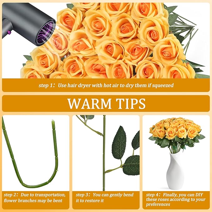 30pcs Fake Roses Artificial Silk Flowers Long Stems Bouquet for Wedding Bridal Shower Party Home Decoration (Gradient Yellow)