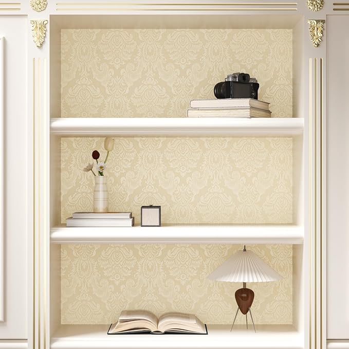 Beige Floral Peel and Stick Wallpaper Textured Vintage Damask Floral Wallpaper 15.7"x118" Self Adhesive Removable Beige Contact Paper for Cabinets Waterproof Vinyl Roll for Bedroom Bathroom