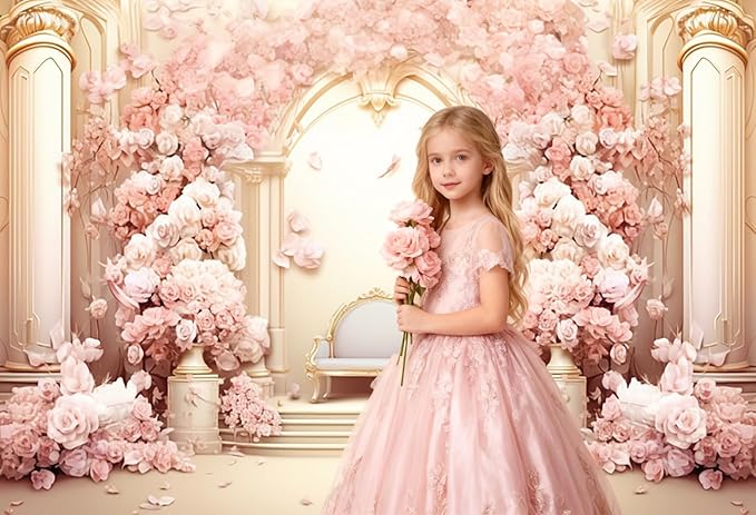AOFOTO 7x5ft Wedding Backdrop Palace Hall Wall Spring Pink Flower Arch Background for Photography Bridal Shower Valentine's Day Prom Decoration Banner Girl Portrait Photo Booth Backdrop