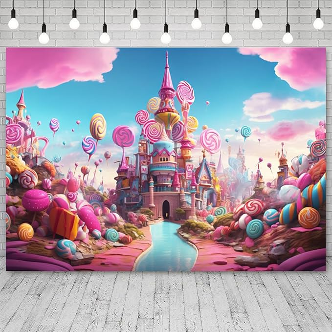 15x8ft Candyland Backdrop Sweet Candy Castle Photography Background Colorful Lollipop Blue River Cartoon Kids Birthday Banner Decorations Baby Shower Newborn Portrait Photo Booth Prop