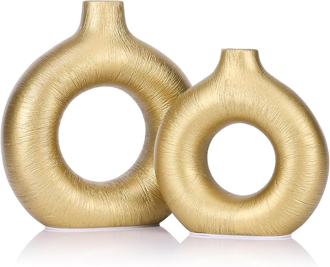 Gold Vase Decor Donut Vase Set of 2 - Circle Hollow Vases, Modern Matte Ceramic Vases for Entryway Living Room Bedroom Dining Table Centerpiece Office Home Decor