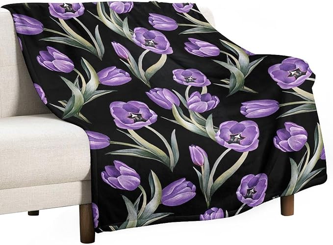 Purple Tulip Blanket Flower Gifts for Girls Women Tulip Floral Throw Blanket for Kids Adults Soft Warm Cozy Fleece Blanket for Couch Sofa Bed 50"x60"