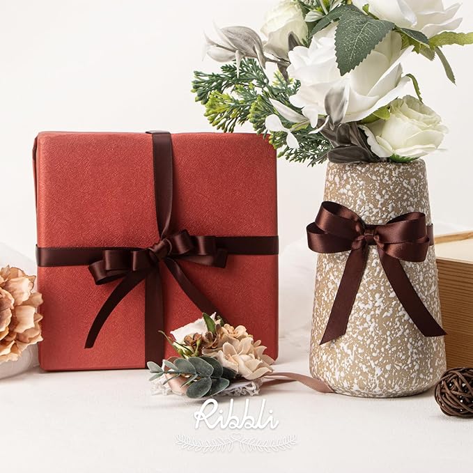 Ribbli Coffee Brown Satin Ribbon Double Faced Satin 1/2 inch x Continuous 50 Yards-Brown Ribbon for Gift Wrapping Crafts Wedding Decoration Bows Bouquet Floral Arrangement