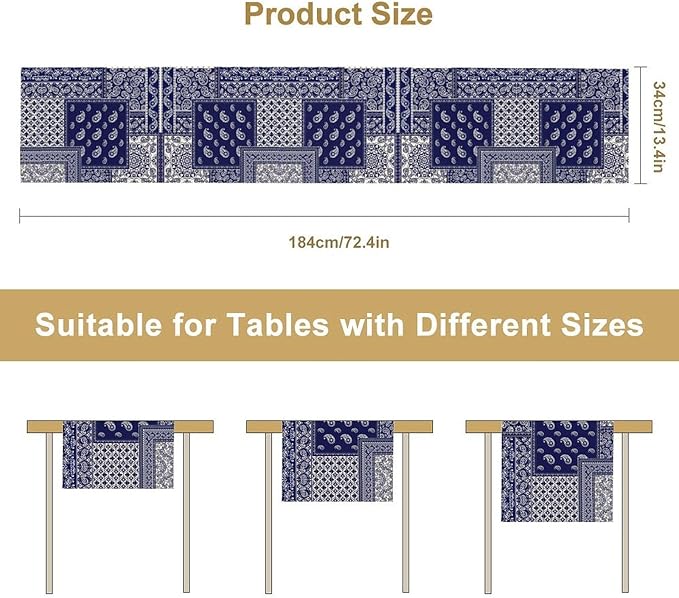 Boho Patchwork Table Runner, Blue White Bohemian Paisley Floral Vintage Farmhouse Table Runner for Kitchen Dining Home Party Holiday, 13x120 Inch