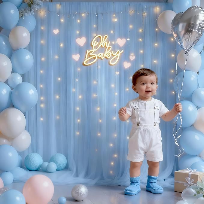10x8ft Baby Blue Tulle Backdrop Curtain with Lights String for Parites, Sheer Backdrop Curtains for Wedding Baby Shower Birthday Party Photo Shoot Decorations