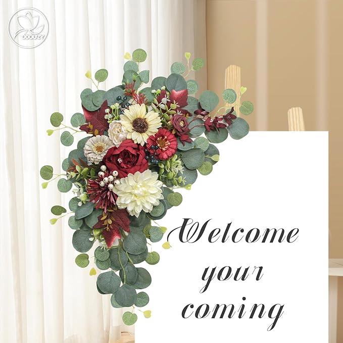 Artificial Wedding Arch Flowers for Wedding Sign,Set of 2 for Wedding Welcome Ceremony Sign,Faux Floral Swags,Wedding, Banquet and Reception Backdrop Floral Decoration (White Red)