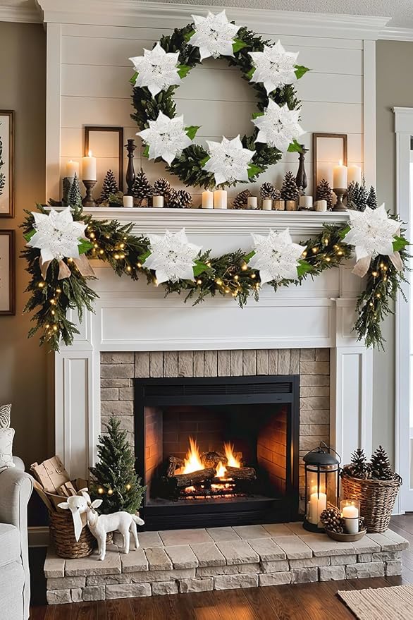 10" Poinsettia Flower Artificial for Christmas Tree Decor, 3 Pcs Faux Glitter Poinsettias Stems for DIY Xmas Wreath & Garland, Christmas Ornaments for Home Party, Holiday & Wedding Decorations, White
