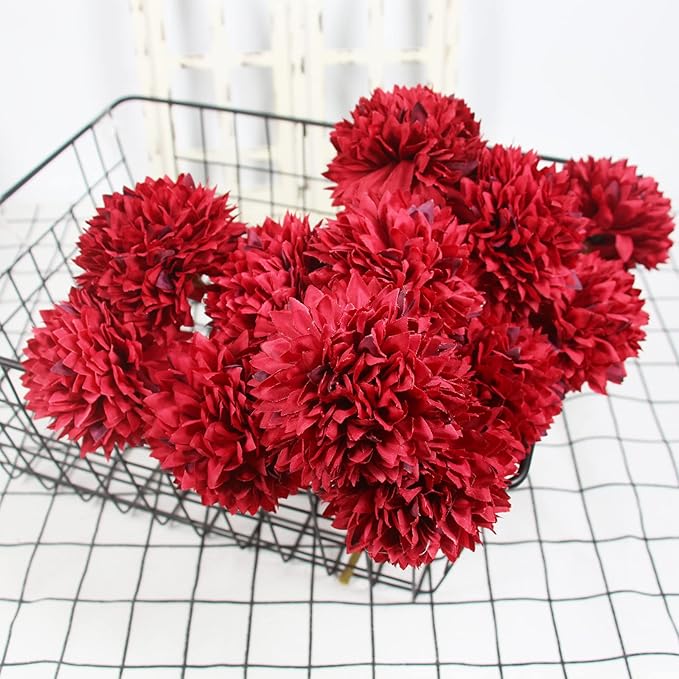Tinsow 12Pcs Artificial Chrysanthemum Faux Red Ball Flowers Burgundy Fall Flowers for Christmas Autumn Farmhouse Home Decoration (12, Red)