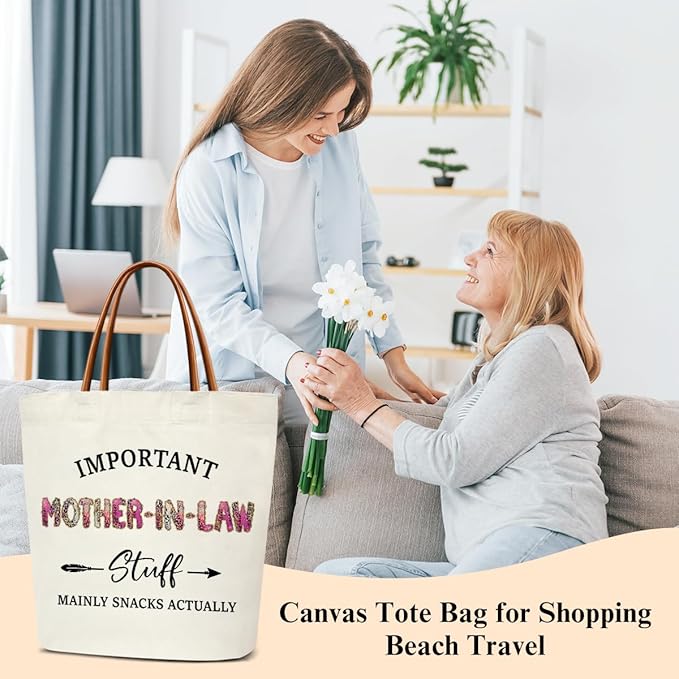 Canvas Tote Bag for Women, Important Stuff Bag with Leather Handle, Reusable Grocery Bags for Shopping Beach Travel