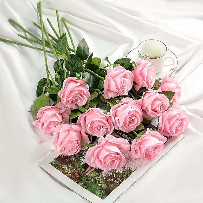 Hawesome FLORRALIA 12PCS Artificial Silk Flowers Realistic Roses Bouquet Long Stem for Home Wedding Decoration Party (12pcs-Pink) 1