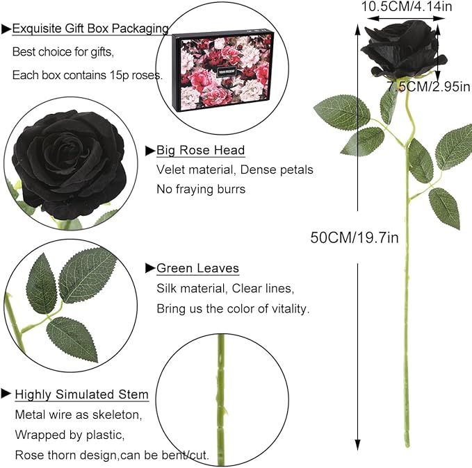 Cloudecor 15Pcs Black Roses Artificial Flowers Fake Roses Long Stem Velet Rose Silk Flowers for Home Wedding Decoration (Round Rose,Black)