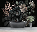 Eierme-Black Background with Flowers and Leaves Mural Wallpaper Peel and Stick 160" x 114"