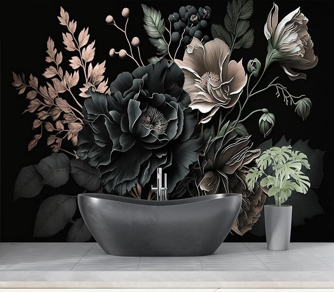 Eierme-Black Background with Flowers and Leaves Mural Wallpaper Peel and Stick 90" x 67"
