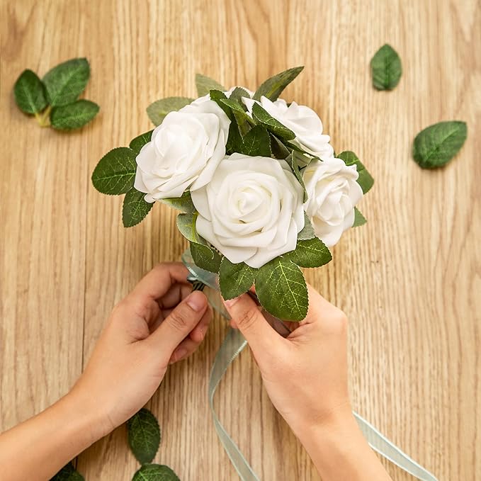 Artificial Flower Foam Rose 25pcs Real Looking Fake Rose with Stems Leaves for Home Decoration Party Garden Centerpieces DIY Wedding Bouquets（White）