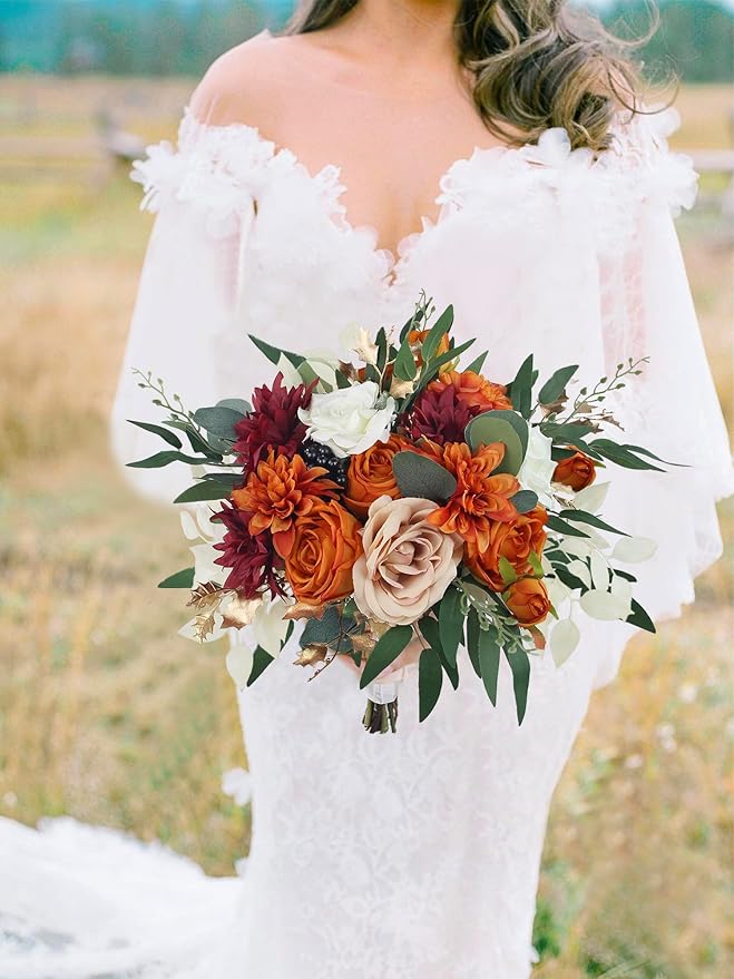 Rinlong 12.5 Inch Fall Wedding Bouquets for Bride Burnt Orange Bridal Bouquet for Wedding Artificial Terracotta Bouquets Boho Silk Flowers for Wedding Ceremony
