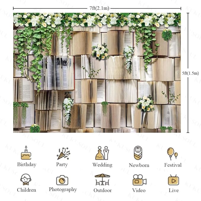 7x5ft Book Backdrop for Party Flower Garlend Book Pages Wedding Background for Books Lovers Photography Studio Props KUBDJ091