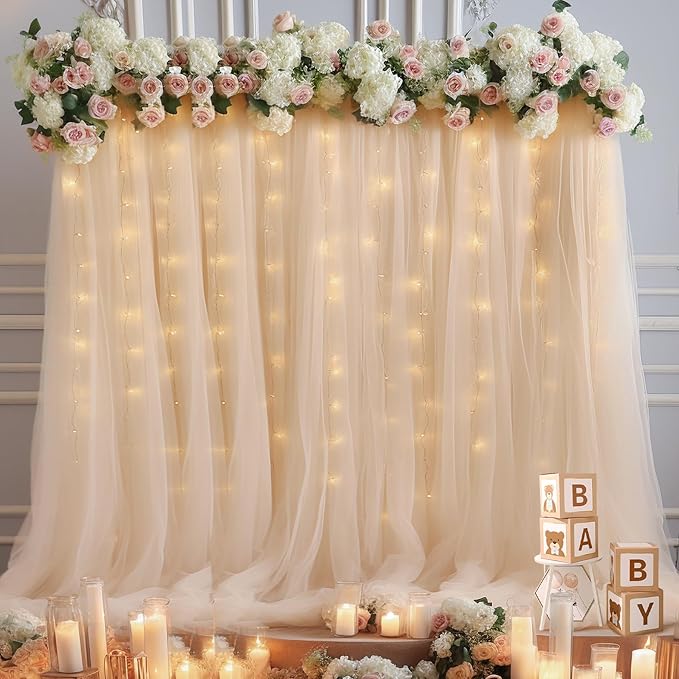 10x8ft Champagne Tulle Backdrop Curtain with Lights String for Parites, Sheer Backdrop Curtains for Wedding Baby Shower Birthday Party Photo Shoot Decorations