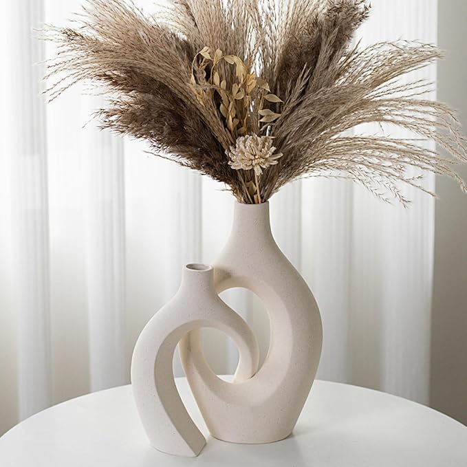 XL Cream White Snuggle Hollow Ceramic Vase of 2 for Coffee Table Decor, Modern Minimalist Aesthetic Donut Floral Vases, for Home Living Room Entryway Table Shelves Decorative (W 6.8" X H 11")