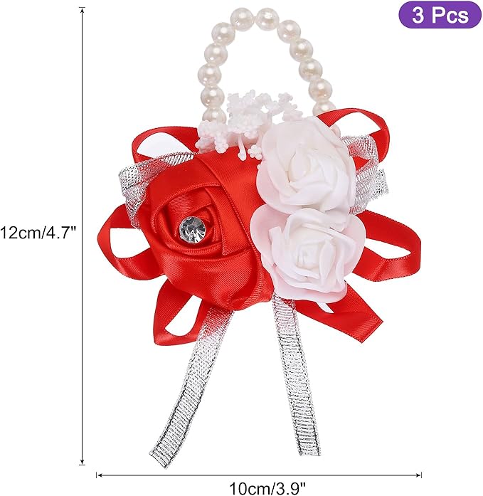 MECCANIXITY 3Pcs Wrist Corsage Artificial Flower Bracelets Rose Wrist Bride Groom Decorative for Wedding Ceremony Prom Party Anniversary Red
