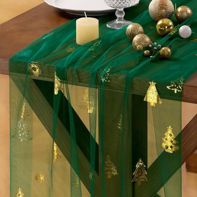 Socomi Christmas Tree Table Runner Gold Gauze Sheer Chiffon Cheesecloth Sequin 10FT Glitter Metallic Foil Dining Wedding Birthday Party Winter Holiday Centerpiece Table Decor 3pcs Emerald Green