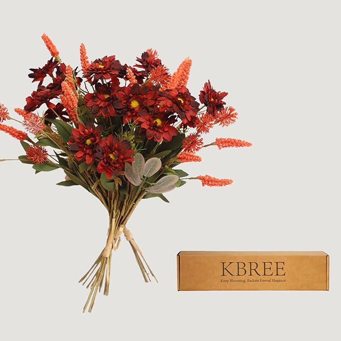 KBREE Artificial Fall Mums Bouquet, 4 Bunches Handmade Faux Daisy Flowers with Grain Stems & Foxtail, 17.7" Natural Farmhouse Mums Bouquets for Autumn Home Decor & Table Centerpieces (Maroon Red)