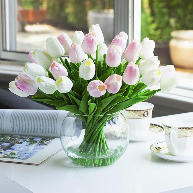 ENOVA FLORAL 30 Pieces Artificial Real Touch Tulips Flowers with Vase, Fake White Pink Tulips Flowers with Vase for Dining Table, Home Decoration, Wedding Centerpieces
