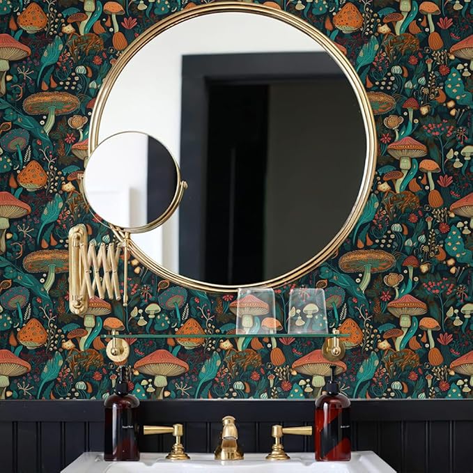 Dark Green/Brown/Teal Blue Mystical Forest Mushroom Peel and Stick Wallpaper Easy Peel Off Contact Paper Stick on Adhesive Wall Paper for Bathroom Waterproof Renter Friendly