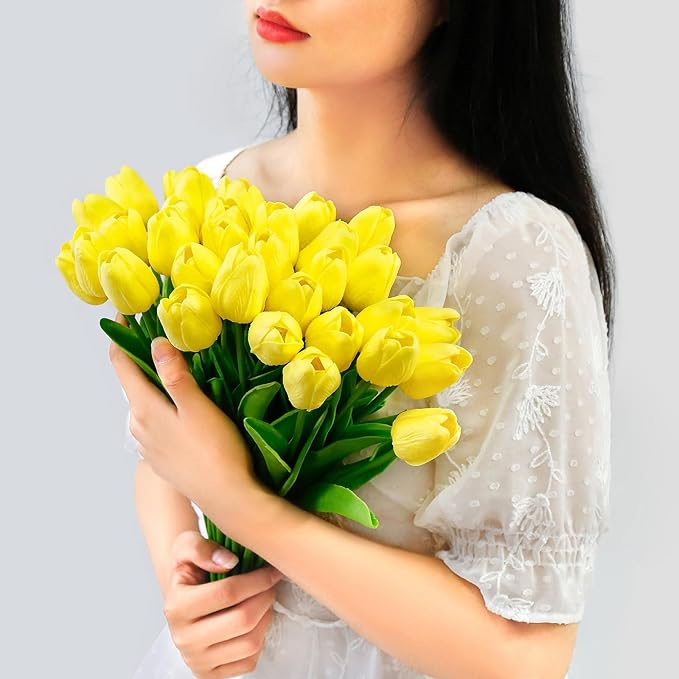 36 PCS Yellow Tulips Artificial Flowers 13" PU Fake Flowers for Wedding Home Decor (Yellow)