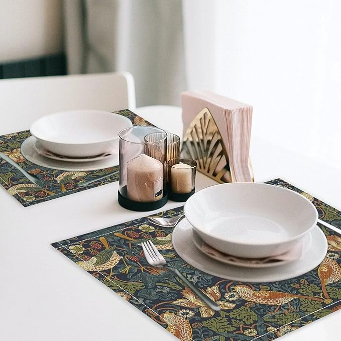 William Morris Floral Placemats Set of 4, Vintage Flower Strawberry Birds Green Place Mats, Heat Resistant Non Slip Cotton Linen Dining Table Mats for Home Kitchen Party 18x12 Inch