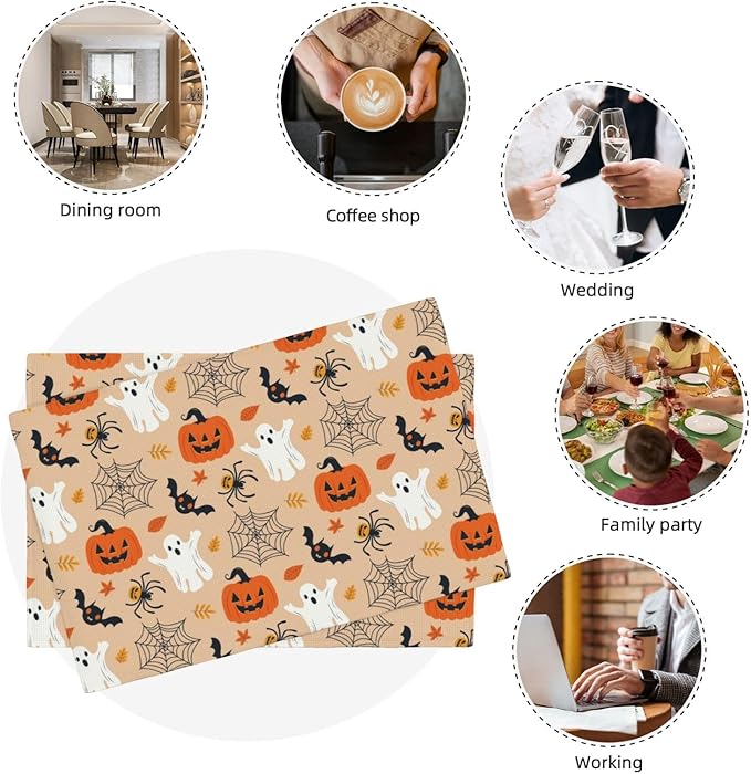 Placemats 4 pcs Halloween Double-Layer Imitation Linen Place Mats Non-Slip Heat-Resistant Tablemats for Home Restaurant Hotel 18×12 Inch