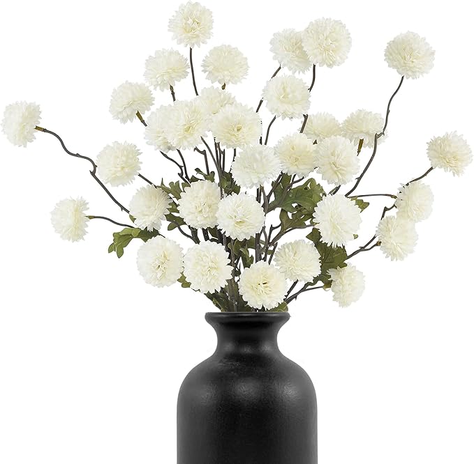 DuHouse 6pcs Artificial Flowers Faux Silk Pompon Mum,Artificial Kiku Flower White for DIY Wedding Bouquets Centerpieces Vase Home Table Kitchen Decorations(Ivory White)