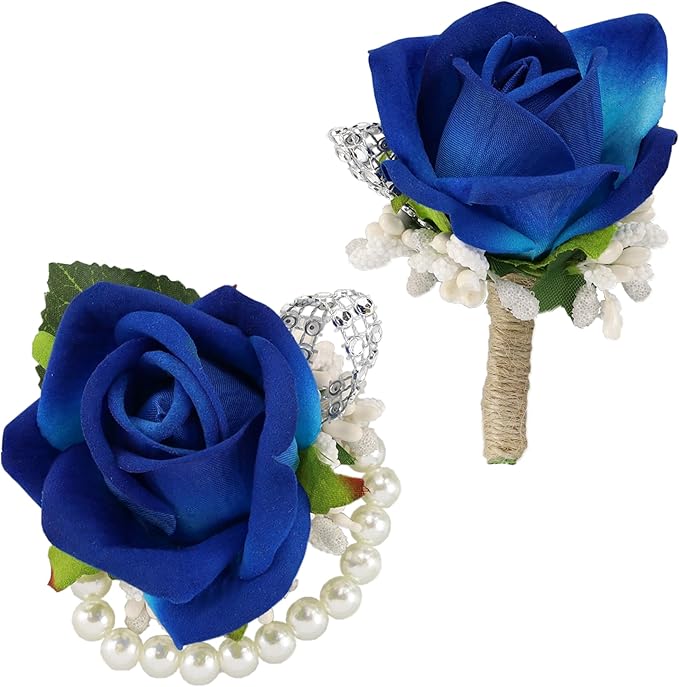 SITUMEIZI 2Pcs Blue Corsage and Boutonniere Set,Corsage Wristlet for Prom Decor,Boutonniere for Men Wedding Flowers Accessories Party Suit Decoration(Athens Blue)