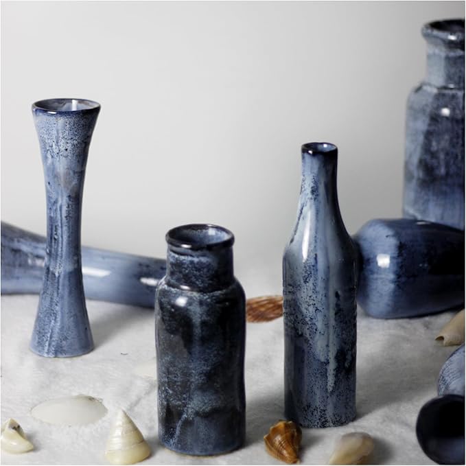 RoRo Handmade 10-Inch Reactive Blue Hourglass Ceramic Vase