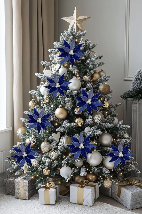 Hollyone 3PCS Poinsettia Christmas Flowers Artificial 11" Large Velvet Blue Glitter Poinsettia Flowers Christmas Tree Ornaments Floral Picks for Tree Wreath Garland Vase Table Centerpiece Home Decor