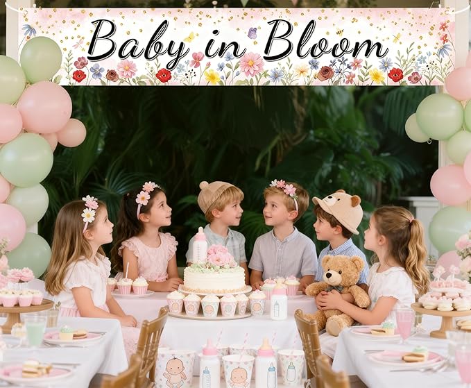 Pink Coral Baby in Bloom Baby Shower Banner, Floral Watercolor Floral Design, Party Decoration, 180x33 cm