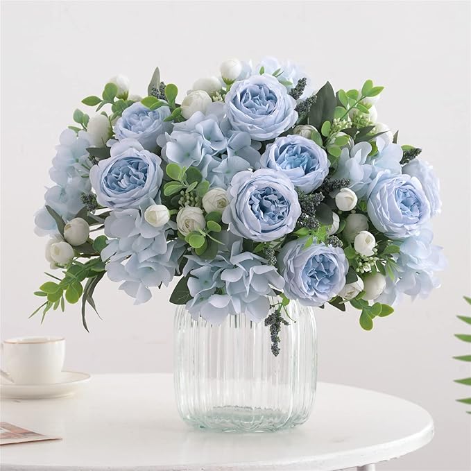 4 Bunches Artificial Flowers for Decoration Blue Peonies Fake Roses Arrangements Table Centerpiece Faux Flores for Wedding Home Vase Decor