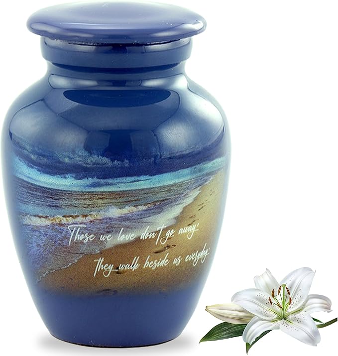 Footprints Keepsake Urn - Footprints Mini Cremation Urns for Ashes - Handcrafted Miniature Beach Sharing Urn - Mini Memorial Blue Urns with Premium Box & Velvet Bag (Keepsake)