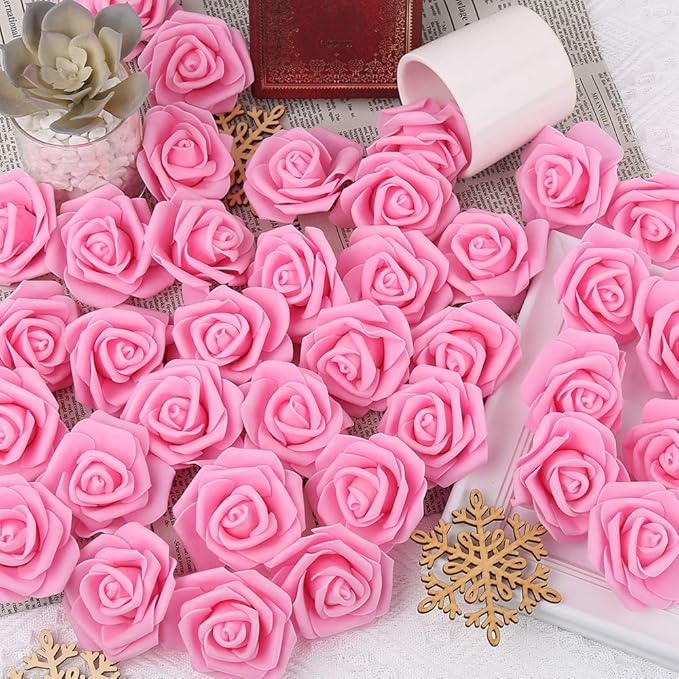 Artificial Rose Flower Heads, 100pcs Pink Foam Roses Bulk Artificial Flower for DIY Wedding Bouquets Centerpieces Arrangements Party Baby Shower Home Decor (Stemless, Pink)