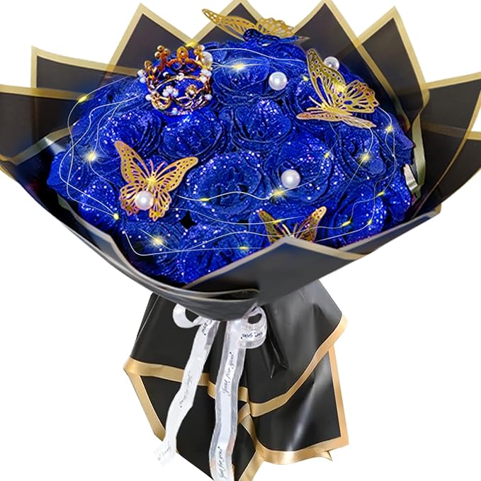 Blue Glitter Roses Bouquet, 36 Pcs Shiny Glitter Flowers Bouquet, Everlasting DIY Artificial Roses Bouquet for Christmas, Birthday, Anniversary, Wedding, Engagement