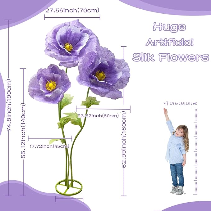 Giant Purple Artificial Hydrangea Flowers, 3Pack Large Fake Paper Flower for Decoration, No Fading 6.1Ft Tall Artificial Silk Flower Party Banquet Background Decor for Indoor Outdoors Large Bouquet