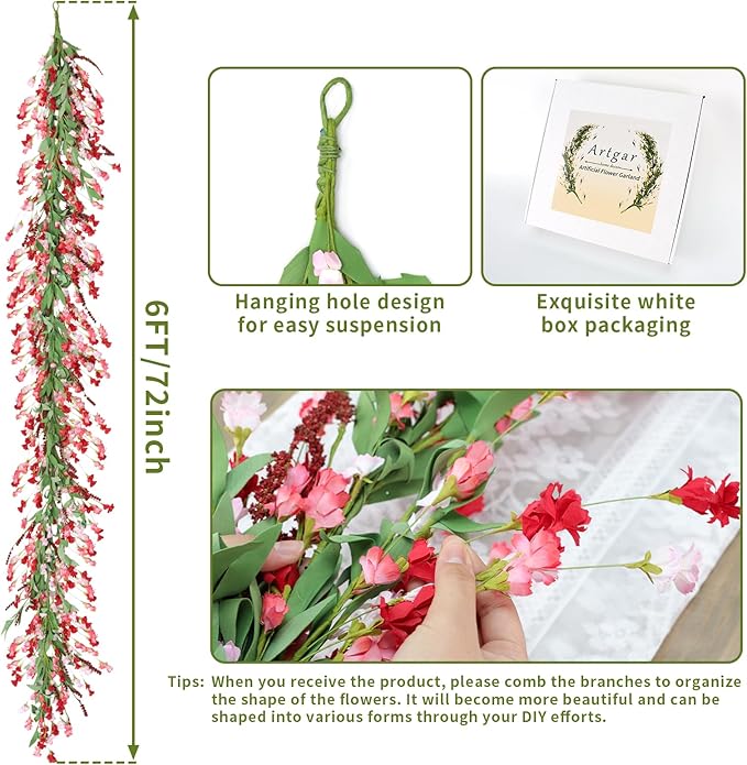 Artgar Flower Garland 6Ft Spring/Summer Garland Floral Garlands for Mantle All Year Round Paper Garlands Decor for Indoor Outdoor Home Wedding Arch Porch Staircase Backdrop Year Round Decor (Red Pink)