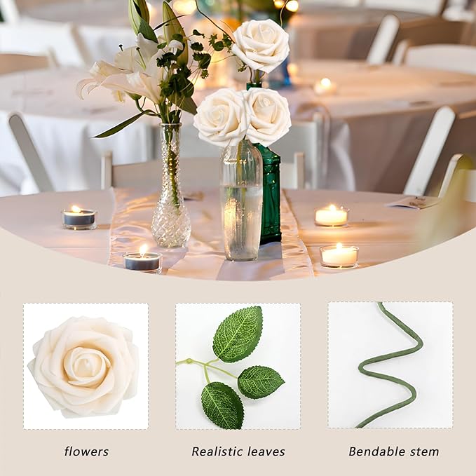 Artificial Flowers 50PCS Champagne Roses Real Looking Foam Fake Roses with Leaves and for DIY Wedding Bouquets Bridal Shower Centerpieces Party Decorations (Champagne)