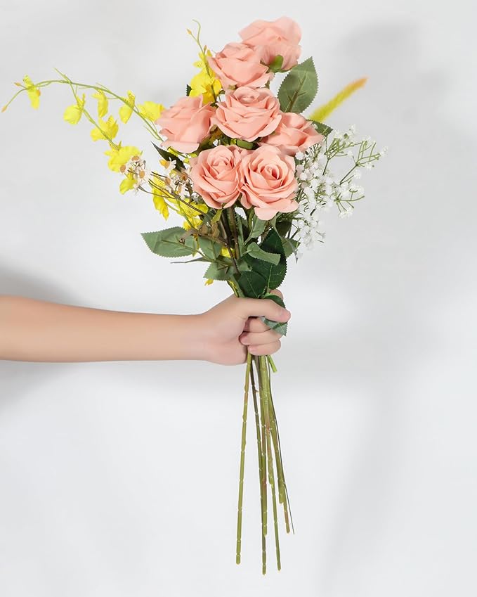DuHouse 10pcs Silk Roses Artificial Flowers Fake Rose for Arrangement Wedding Party Home Decoration (Light Coral)