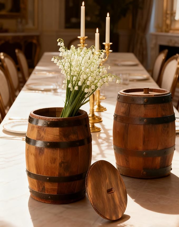 Wood Wine Barrel Vase 6" x 5" – Mini Barrel Rustic Wooden Flower Vase Planter for Wedding Reception, Party Table Decoration,Home Indoor Outdoor Garden, Kitchen,Planting (1)