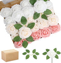200PCS Artificial Flowers Champagne Mixed Series Roses Real Looking Foam Fake Roses with Leaves for DIY Wedding Bouquets Bridal Shower Centerpieces Party Decorations