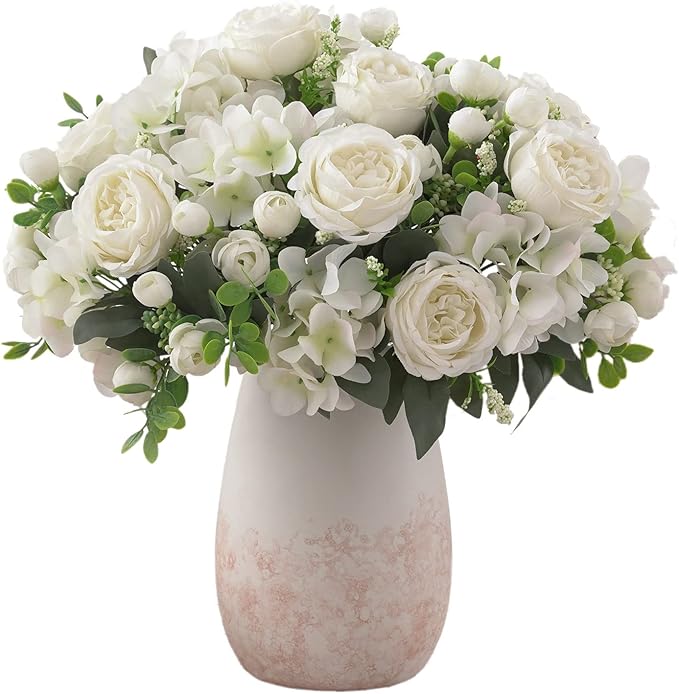 4 Bunches White Peonies Artificial Flowers for Decoration Faux Roses Fake Bouquet Arrangements Plastic Table Centerpiece Silk Flores for Vase Party Wedding Home Décor (White)