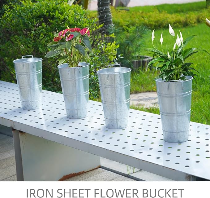 Notakia 12 Inch Large Galvanized Metal Vases Farmhouse French Flower Bucket Vases for Cut Flowers for Home Decor and Wedding Table Centerpiece Decorations (Large Silver Set of 4)