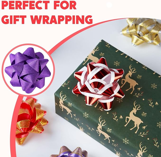 JOYIN 75PCS Christmas Bows Assortment with 2 Rolls of Curling Ribbons,5 Colors Self Adhesive Gift Bows for Gift Wrapping, Birthday Wedding Easter Xmas Presents Boxes Decoration