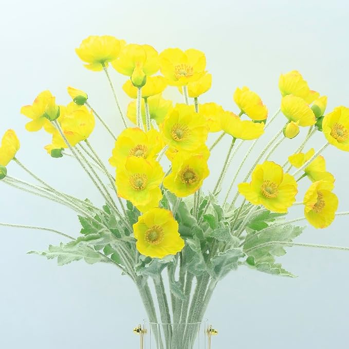2 Pcs Artificial Fake Flowers Plants Poppies Silk Flower Arrangements Wedding Bouquets Decorations Plastic Floral Table Centerpieces for Home Kitchen Garden Party Decor Approx 23.6" High - Yellow